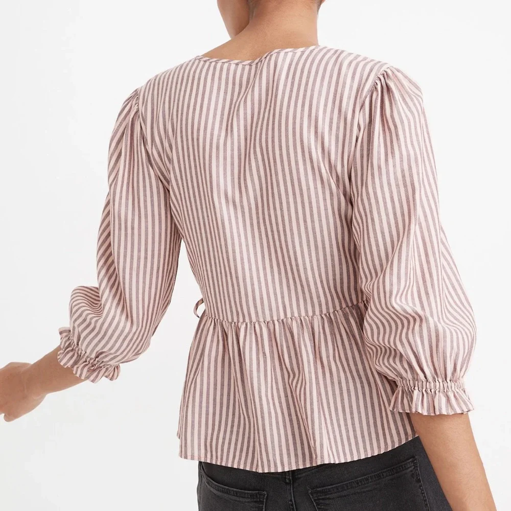 NWOT Madewell Top Puff-Sleeve Peplum Wrap Top Women’s XS Stripes Pink Cotton